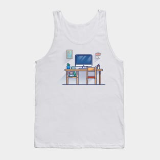 Monitor, Calendar, Picture, Cup, Desk, chair, Cactus, Vas And Books Cartoon Tank Top